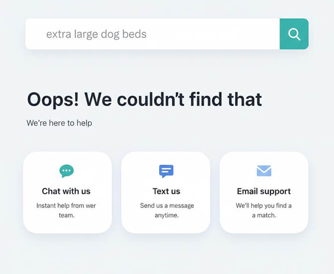 No results page with direct contact options including live chat and customer support links