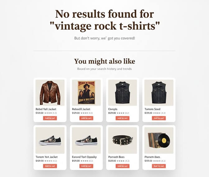 Example of a no results page showing personalized you might also like products based on search intent