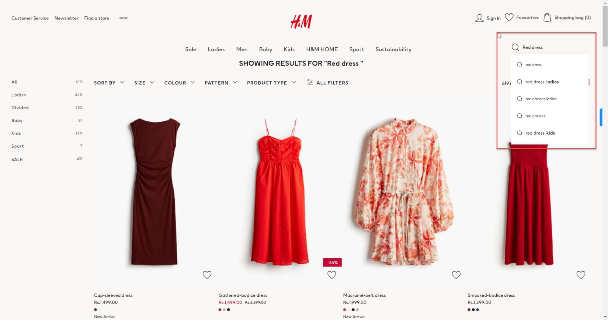 H&M Search Dropdown